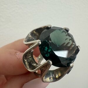 925 Sterling silver green glass crystal statement ring